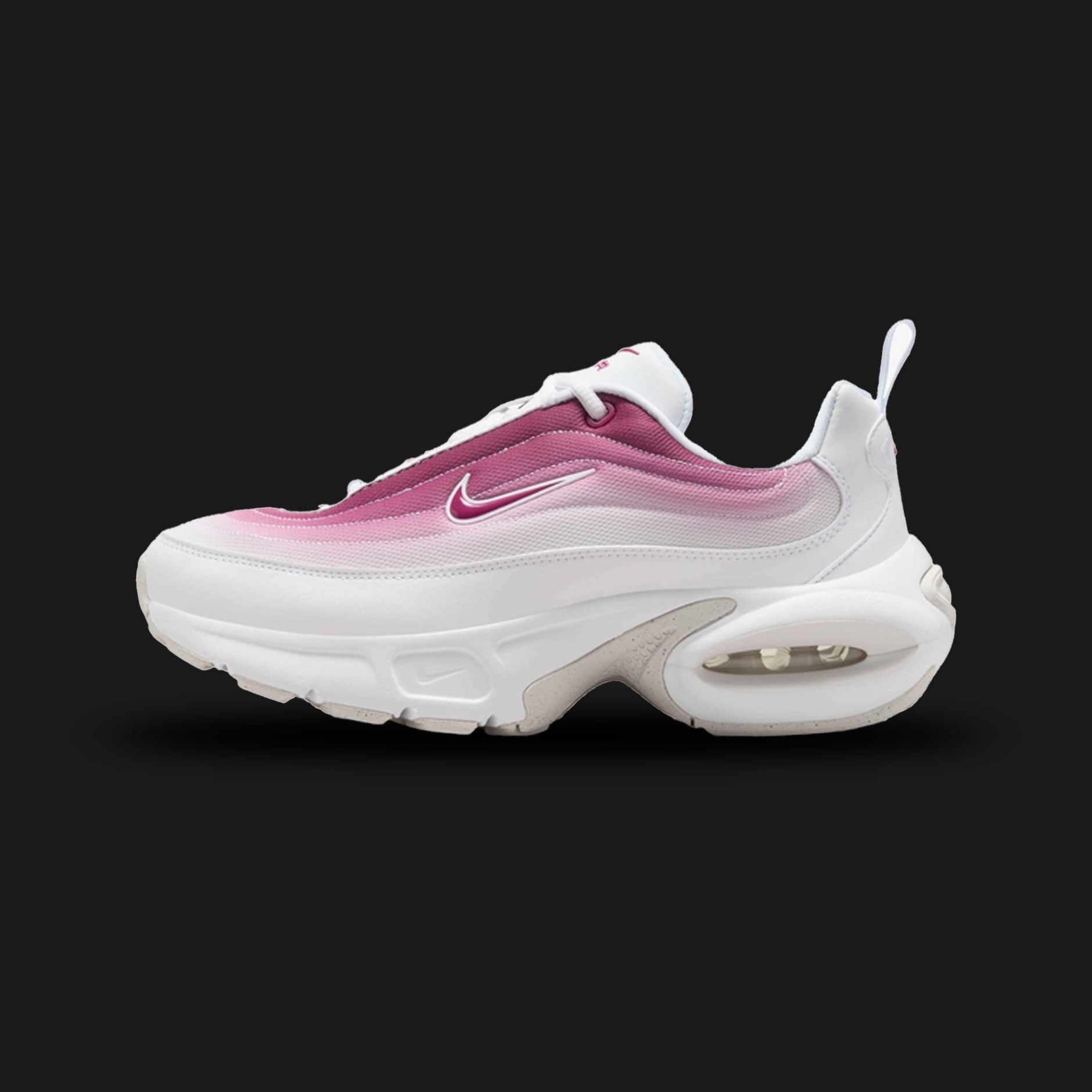 Nike Air Max Portal women's shoes in White, Platinum Tint, and Sweet Beet (HF3053-109). Features a sleek, minimalist quilted White upper for a plush feel. Includes an elevated, oval-shaped platform foam midsole with visible Nike Air cushioning in the heel, accented by a rich Sweet Beet burgundy rubber outsole. Luxuntique guarantees 100% authentic Nike footwear in Sri Lanka.