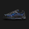 Nike Air Max TL 2.5 shoes in Black, Metallic Silver, and Hyper Royal (Design Code: FZ4110-005). Featuring a wavy Black mesh and synthetic upper with reflective Metallic Silver piping and vibrant Hyper Royal accents. Supported by a full-length visible Max Air unit (Total Air) for maximum impact protection and a bold Y2K aesthetic. Luxuntique offers 100% authentic Nike Air Max sneakers at the lowest price in Sri Lanka.