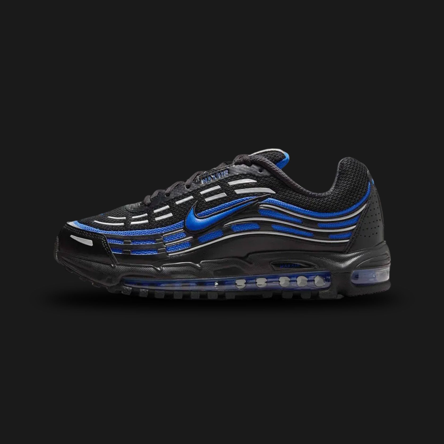 Nike Air Max TL 2.5 shoes in Black, Metallic Silver, and Hyper Royal (Design Code: FZ4110-005). Featuring a wavy Black mesh and synthetic upper with reflective Metallic Silver piping and vibrant Hyper Royal accents. Supported by a full-length visible Max Air unit (Total Air) for maximum impact protection and a bold Y2K aesthetic. Luxuntique offers 100% authentic Nike Air Max sneakers at the lowest price in Sri Lanka.