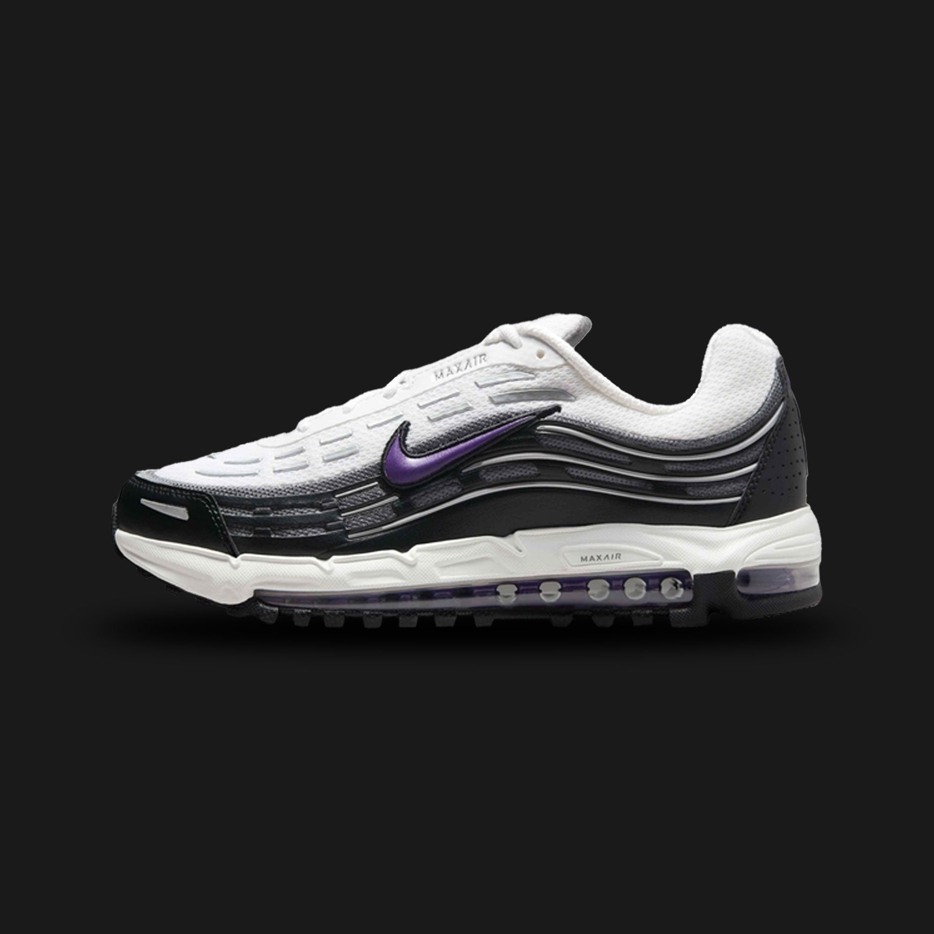Nike Air Max TL 2.5 shoes in White, Black, Smoke Grey, and Wild Grape (Design Code: FZ4110-105). Featuring a layered White mesh upper with wavy Black and Smoke Grey synthetic overlays for a dynamic, retro-sport look. Accented with vibrant Wild Grape purple details on the Swoosh and tongue, supported by a full-length visible Total Air unit. Luxuntique offers 100% authentic Nike Air Max sneakers at the lowest price in Sri Lanka.