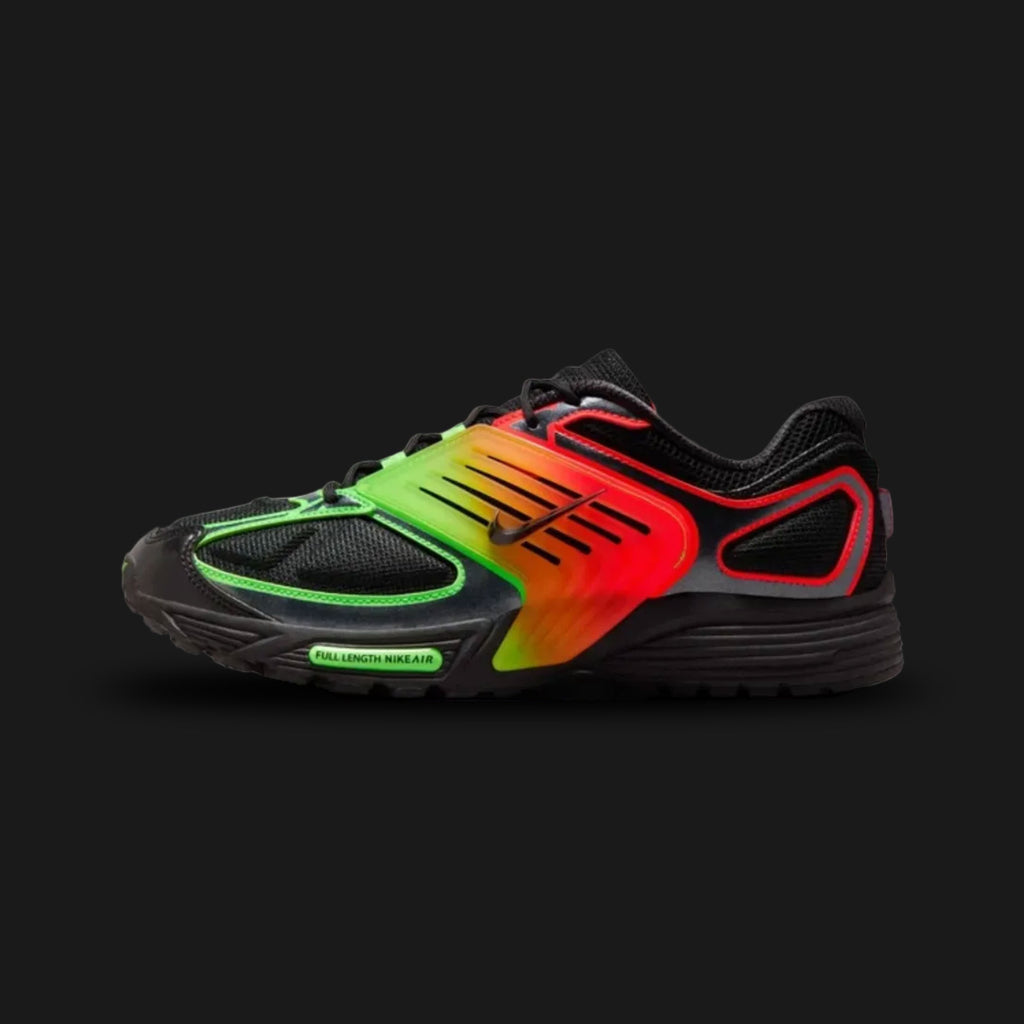 Nike Air Pegasus Wave SE lifestyle and running shoes in Black, Bright Crimson, and Green Strike (Design Code: IB2984-001). Featuring a breathable black mesh upper encased in futuristic, wavy synthetic TPU overlays for dynamic structural support. Accented with aggressive Bright Crimson red and neon Green Strike details, all resting on a sculpted black foam midsole equipped with responsive Air cushioning. Luxuntique offers 100% authentic Nike tech-runner sneakers at the lowest price in Sri Lanka.