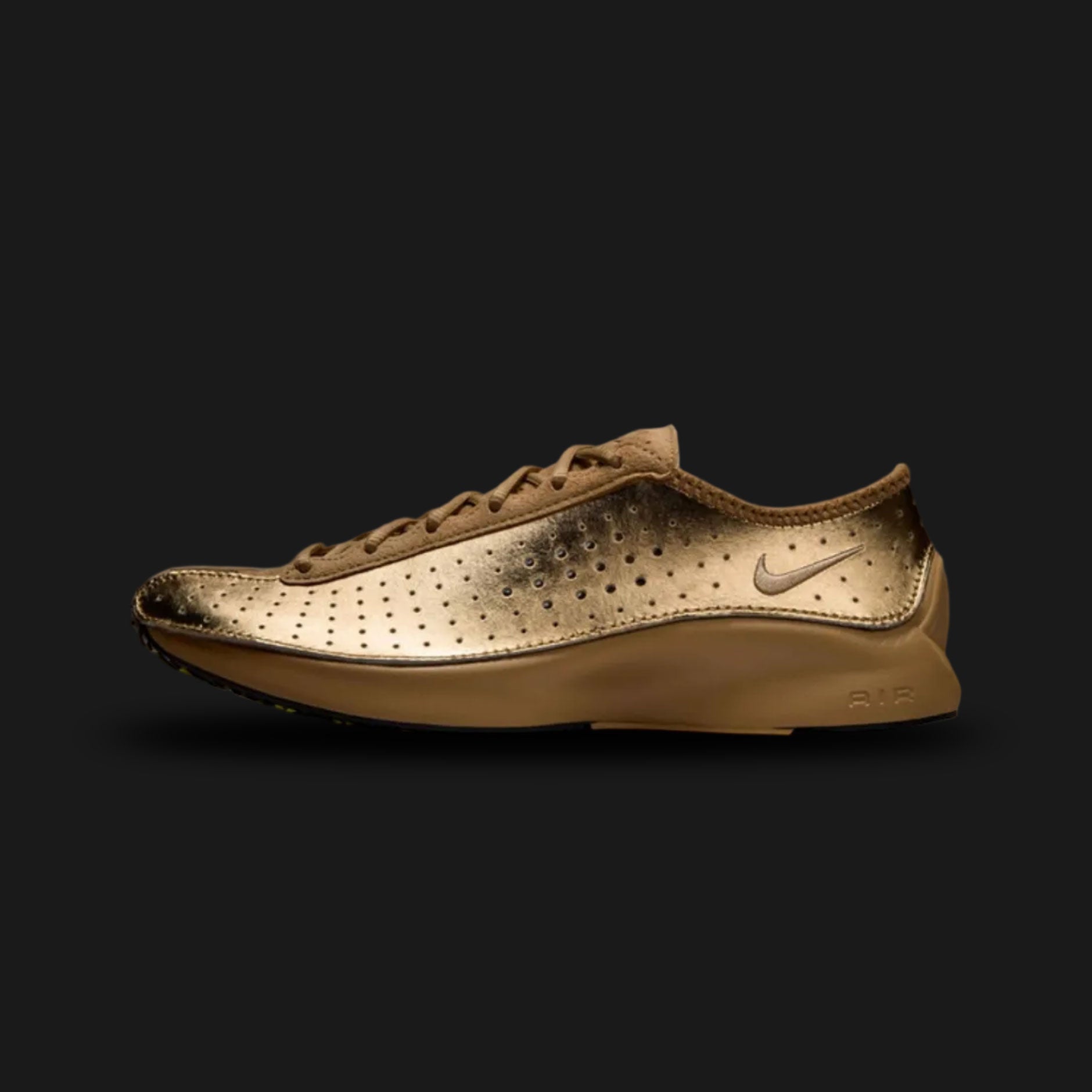 Nike Air Superfly in Metallic Gold, Sport Turquoise, and Black (IB5824-700). Features a high-shine perforated Metallic Gold leather upper for breathability with vibrant Turquoise accents and a Parachute Beige midsole. Sleek low-profile design with a signature angular heel. Luxuntique offers 100% authentic Nike footwear in Sri Lanka.