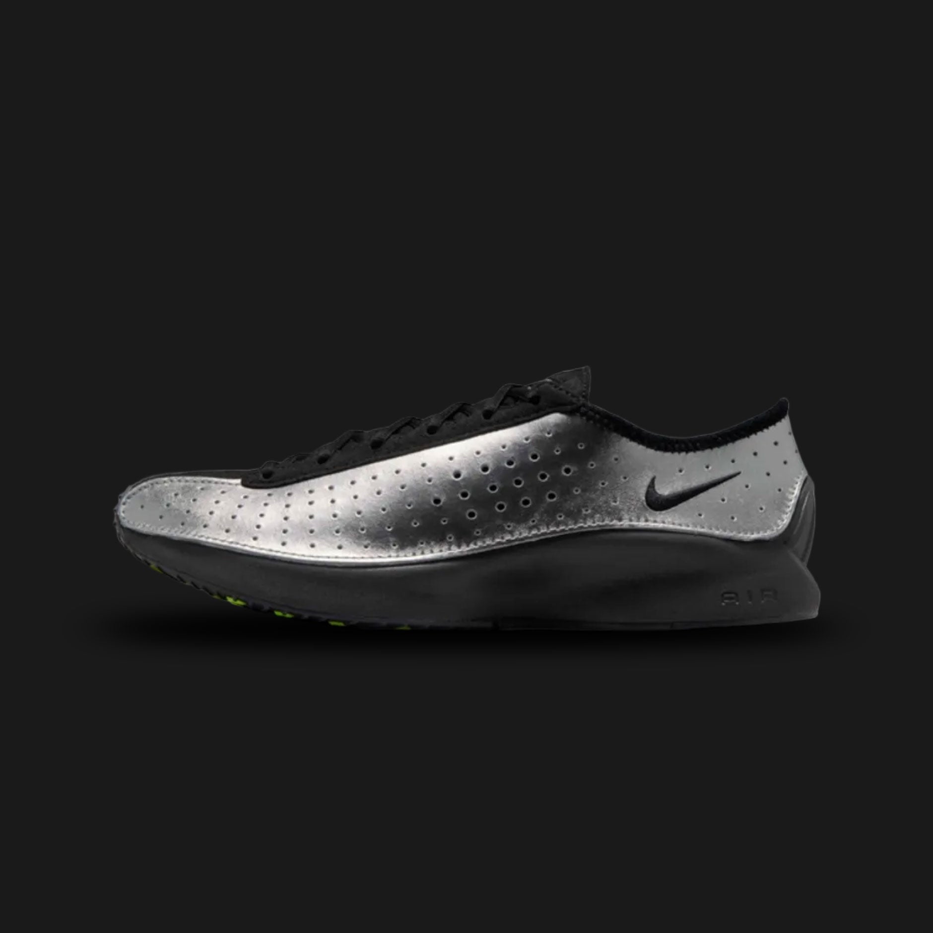 Nike Air Superfly in Metallic Silver, Anthracite, and Volt (IB5824-001). Features a high-shine perforated Metallic Silver leather upper with dark Anthracite overlays and electric Volt accents. Sleek low-profile design with a signature angular heel. Luxuntique offers 100% authentic Nike footwear in Sri Lanka.