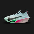 Nike Alphafly 3 marathon racing shoe in Glacier Blue, Mint Foam, and Green Shock (Design Code: NKFD8311-400). Features dual Air Zoom units, Flyplate carbon fiber plate, and ZoomX foam. Luxuntique offers 100% authentic Nike performance gear at the lowest price in Sri Lanka.