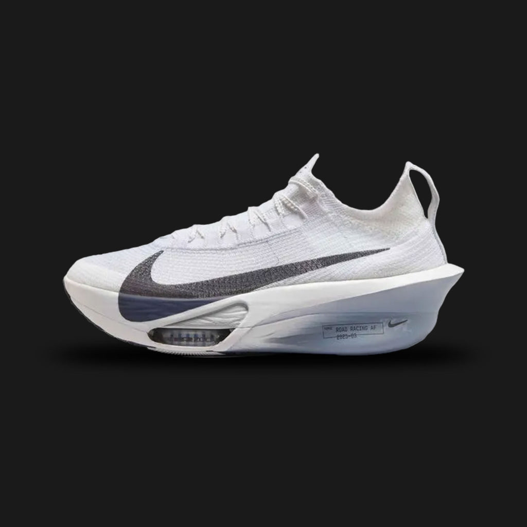 Nike Alphafly 3 marathon racing shoe in White, Pure Platinum, and Gridiron (Design Code: NKFD8311-101). Features a full-length carbon fiber Flyplate, ultra-responsive ZoomX foam, and dual Air Zoom units for marathon-winning speed. Luxuntique offers 100% authentic Nike "super shoes" at the lowest price in Sri Lanka.