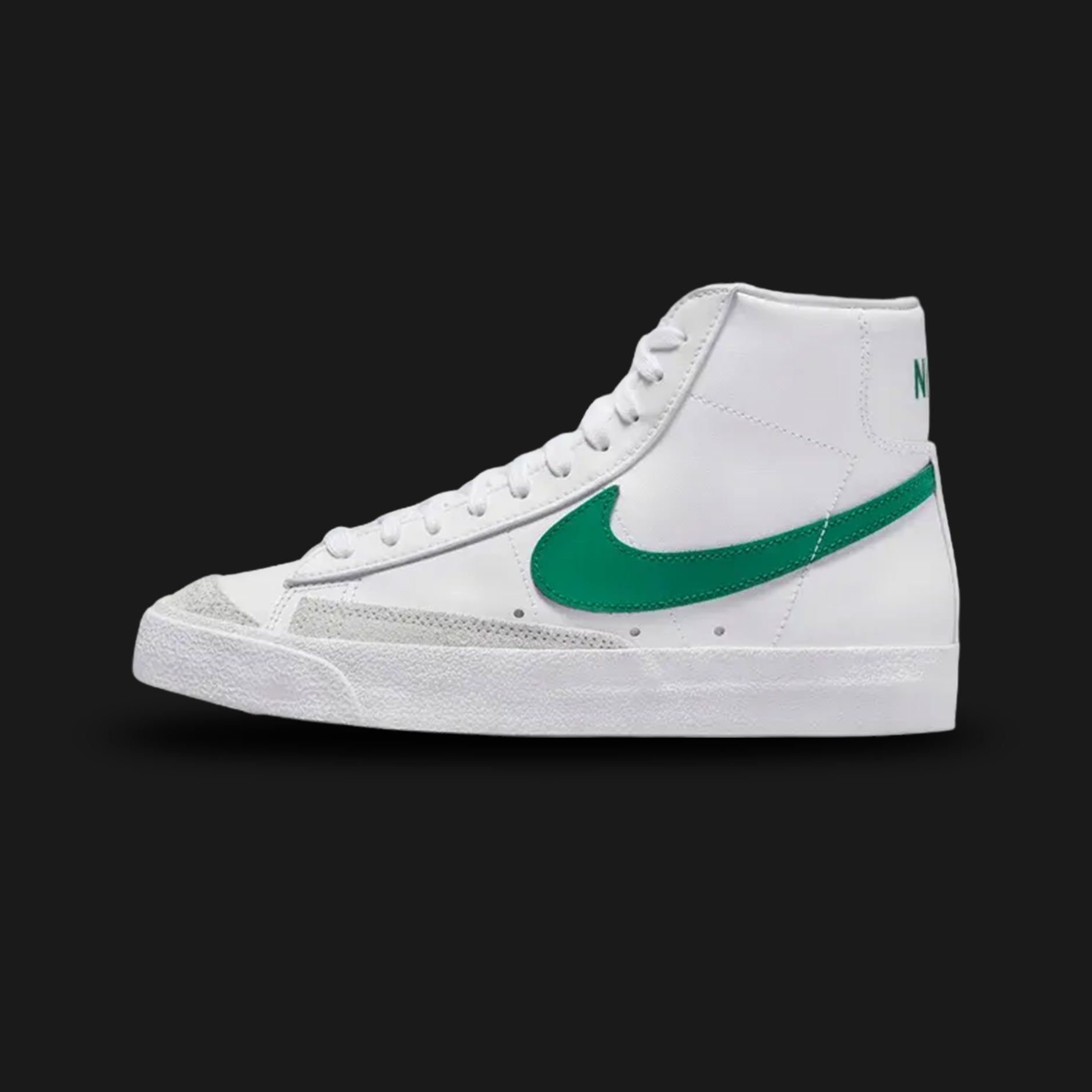 Nike Blazer Mid '77 women's shoes in White, Peach, and Malachite green (Design Code: CZ1055-119). Featuring a vintage-treated leather upper, vibrant peach Swoosh, and Malachite green accents on the heel and tongue. Includes the signature exposed foam tongue and a vulcanized rubber outsole for a classic retro look. Luxuntique offers 100% authentic Nike Blazer sneakers at the lowest price in Sri Lanka.