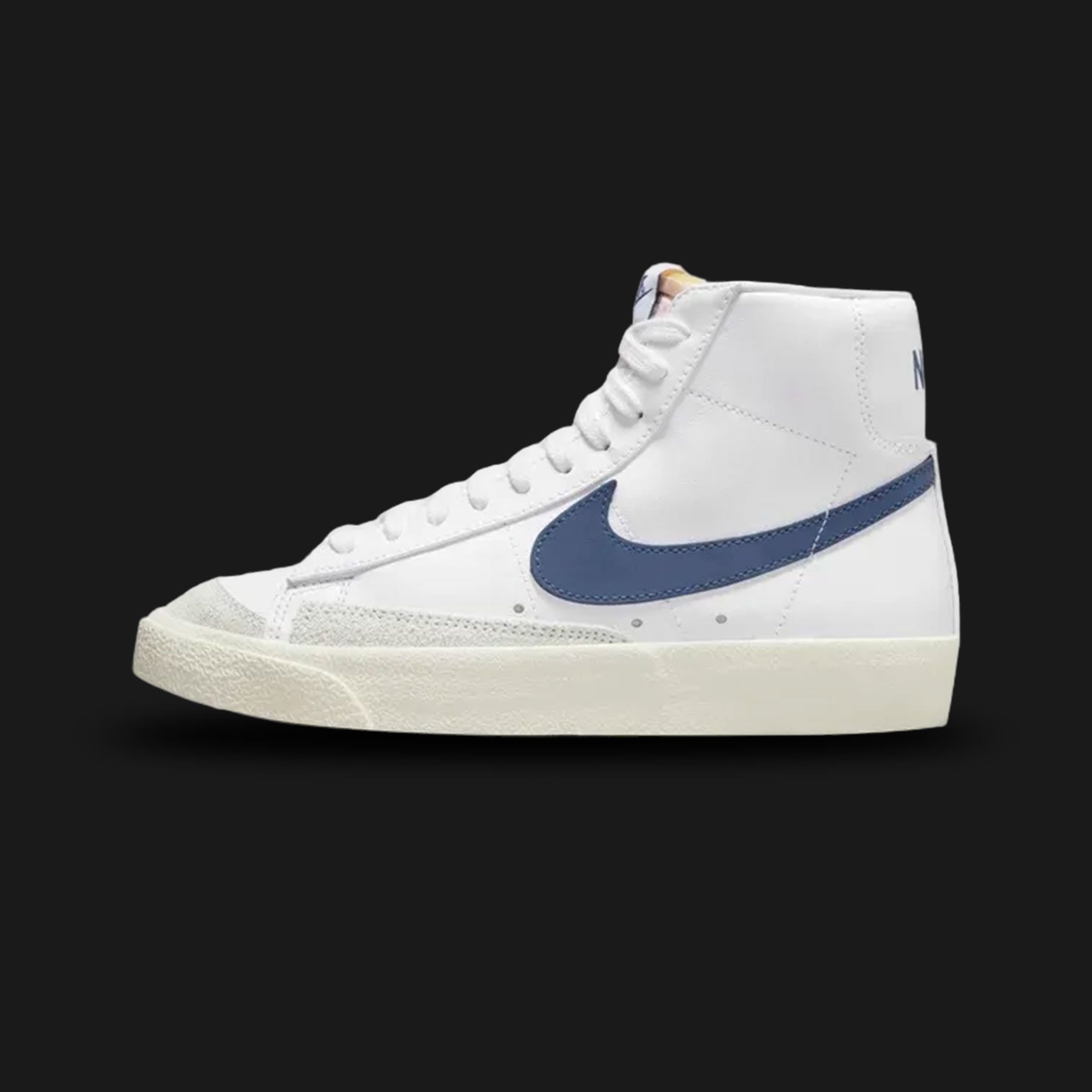 Nike Blazer Mid '77 women's shoes in White, Sail, and Diffused Blue (Design Code: CZ1055-125). Featuring a premium white leather upper, a dusty Diffused Blue Swoosh, and a vintage-treated Sail midsole. Includes the iconic exposed foam tongue and a durable vulcanized rubber outsole. Luxuntique offers 100% authentic Nike Blazer sneakers at the lowest price in Sri Lanka.