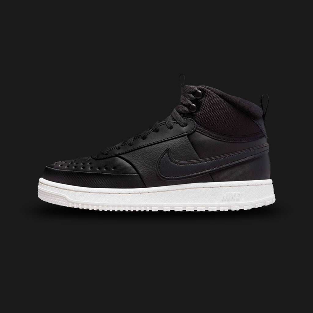 Nike Court Vision Mid shoes in Black, Phantom, and Black (DR7882-002). Features a classic 1980s basketball-inspired mid-top silhouette with a durable Black synthetic and leather upper. Includes subtle Phantom grey accents on the Swoosh and branding, a plush padded collar for ankle support, and a stitched Black rubber cupsole. Luxuntique guarantees 100% authentic Nike footwear in Sri Lanka.