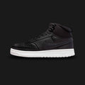 Nike Court Vision Mid shoes in Black, Phantom, and Black (DR7882-002). Features a classic 1980s basketball-inspired mid-top silhouette with a durable Black synthetic and leather upper. Includes subtle Phantom grey accents on the Swoosh and branding, a plush padded collar for ankle support, and a stitched Black rubber cupsole. Luxuntique guarantees 100% authentic Nike footwear in Sri Lanka.