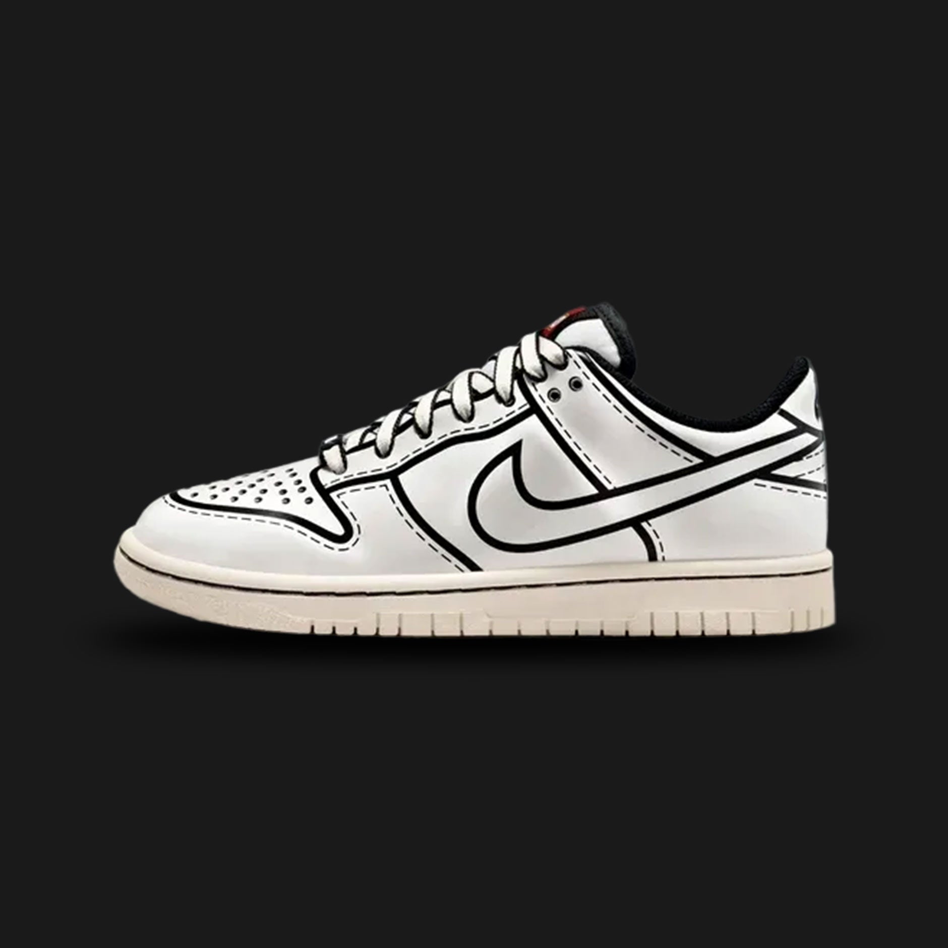 Nike Dunk Low x LEGO Collection in Sail, Black, and Rush Red (Design Code: NKIF2117-100). Featuring unique LEGO-inspired textures, a custom brick-themed tongue label, and premium leather overlays. Luxuntique offers 100% authentic Nike x LEGO limited edition sneakers at the lowest price in Sri Lanka.