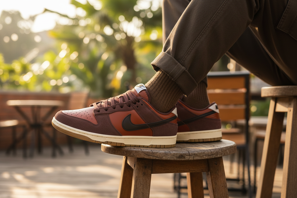 Nike Dunk Low Retro SE Cacao Wow - Close-Up Cafe Lifestyle Shot