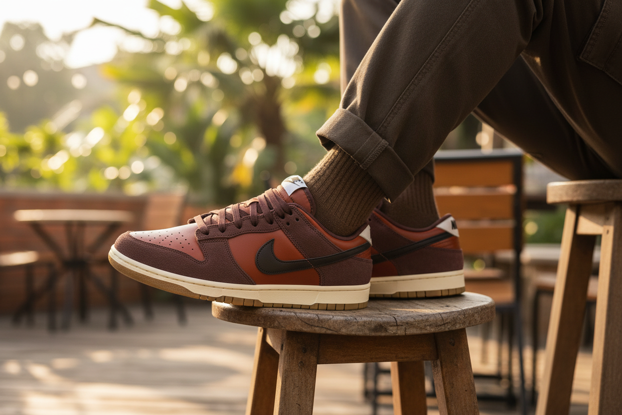 Nike Dunk Low Retro SE Cacao Wow - Close-Up Cafe Lifestyle Shot