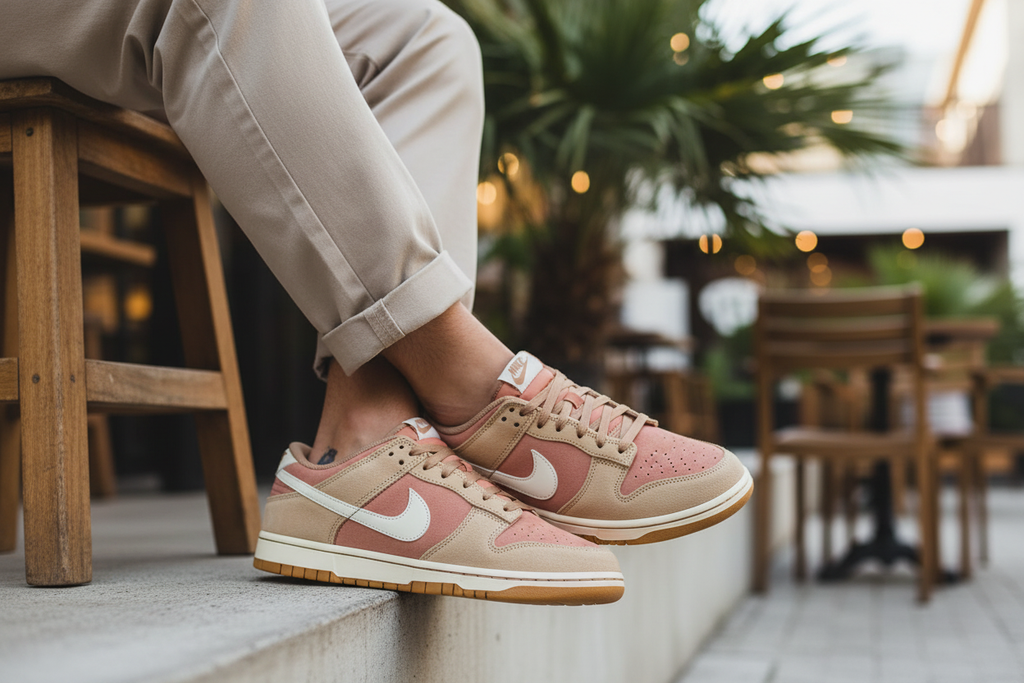 Nike Dunk Low Retro SE Canyon Rust Beach - Close-Up Cafe Lifestyle Shot