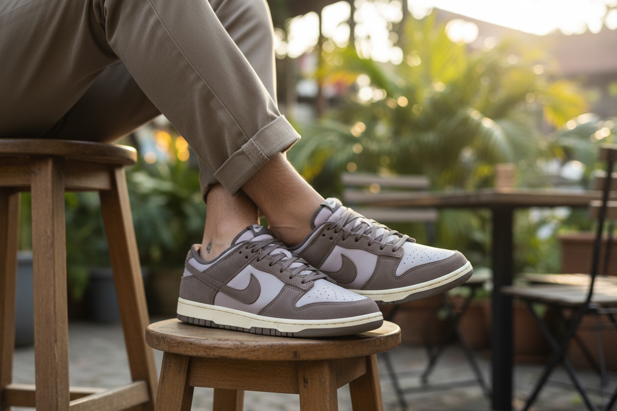 Nike Dunk Low Retro SE Ironstone Plum Eclipse - Close-Up Cafe Lifestyle Shot