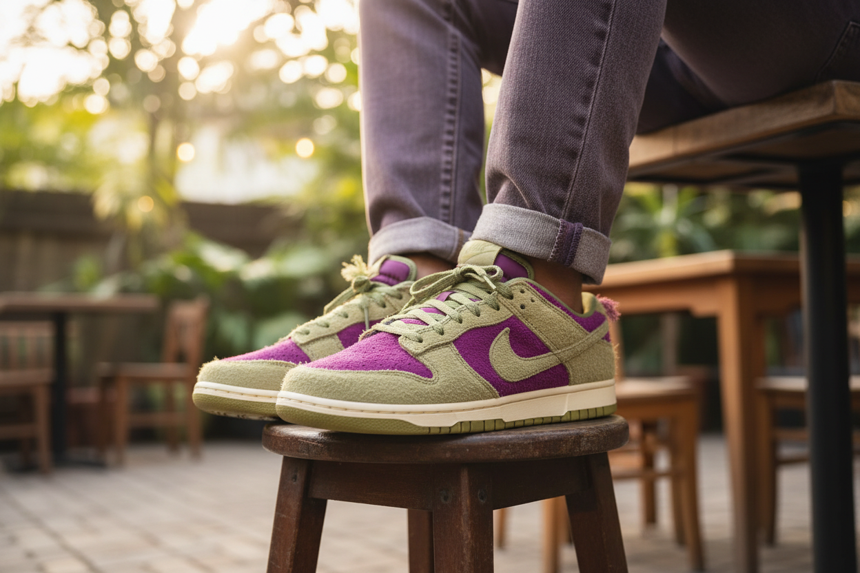 Nike Dunk Low Retro SE Olive Aura Purple - Close-Up Cafe Lifestyle Shot