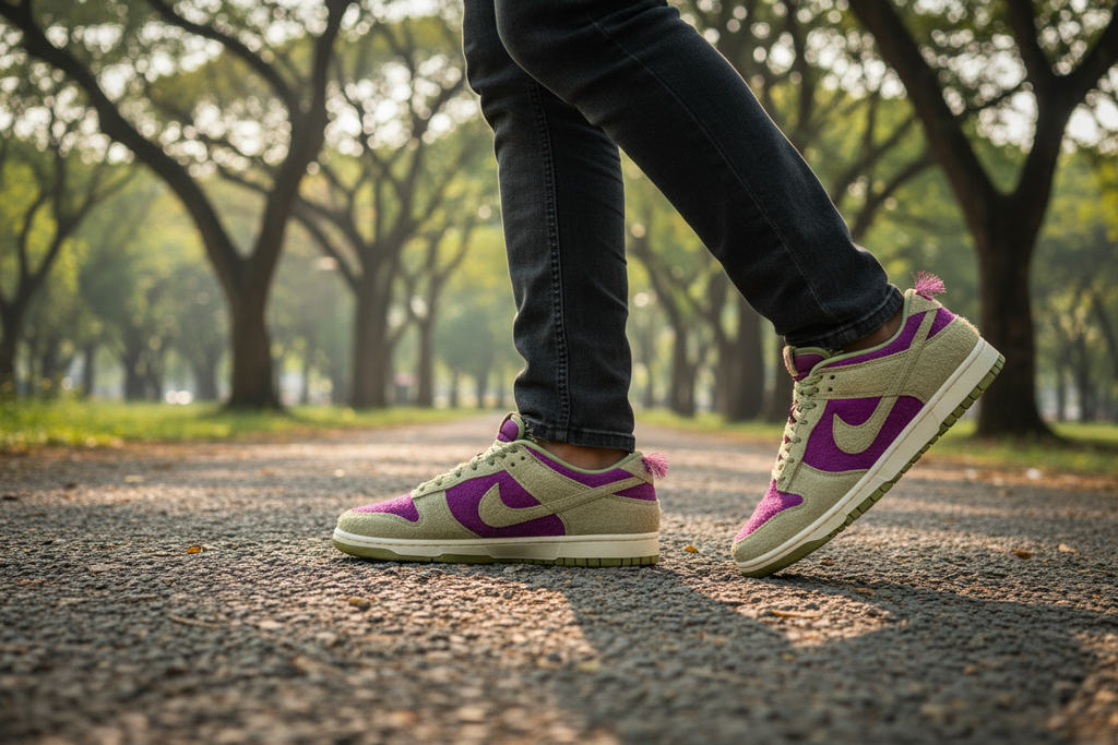 Nike Dunk Low Retro SE Olive Aura Purple - Viharamahadevi Park Action Shot