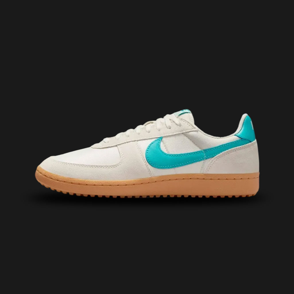 Nike Field General 82 retro shoes in Pale Ivory, Dusty Cactus, and Gum Yellow (Design Code: HF3165-106). Featuring a creamy Pale Ivory woven textile base layered with soft suede overlays, contrasted by a vibrant Dusty Cactus teal leather Swoosh. Built on the signature vintage nubby Waffle outsole in Gum Yellow for superior grip and heritage style. Luxuntique offers 100% authentic Nike lifestyle sneakers at the lowest price in Sri Lanka.