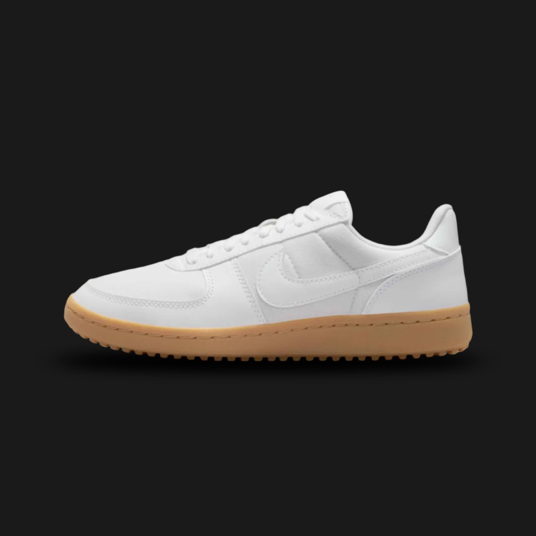 Nike Field General '82 vintage lifestyle shoes in White, Gum Light Brown, and Summit White (Design Code: FZ5593-101). Featuring a crisp, breathable White nylon upper reinforced with smooth White and Summit White leather overlays for a pristine turf aesthetic. Accented by tonal vintage Nike branding. Securely built on a rugged, Gum Light Brown rubber waffle outsole originally designed for classic gridiron traction. Luxuntique offers 100% authentic Nike retro footwear at the lowest price in Sri Lanka.
