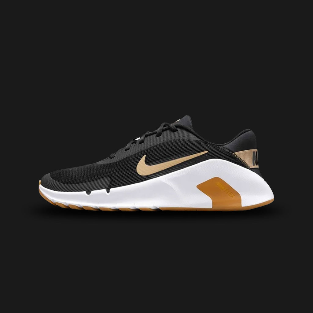 Nike Flex Train shoes in Black, White, and Parachute Beige (HV9972-002). Features a highly breathable Black mesh upper with structural overlays and a crisp White Swoosh. Includes premium Parachute Beige accents, a flexible foam midsole with deep flex grooves for natural movement, and durable rubber traction. Luxuntique offers 100% authentic Nike in Sri Lanka.
