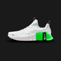 Nike Free Metcon 6 shoes in White, Green Strike, and Black (FJ7127-107). Features a breathable engineered mesh upper, integrated Flywire cable lockdown support, a laser-siped flexible foam midsole, and a stable heel base. Luxuntique guarantees 100% authentic footwear.