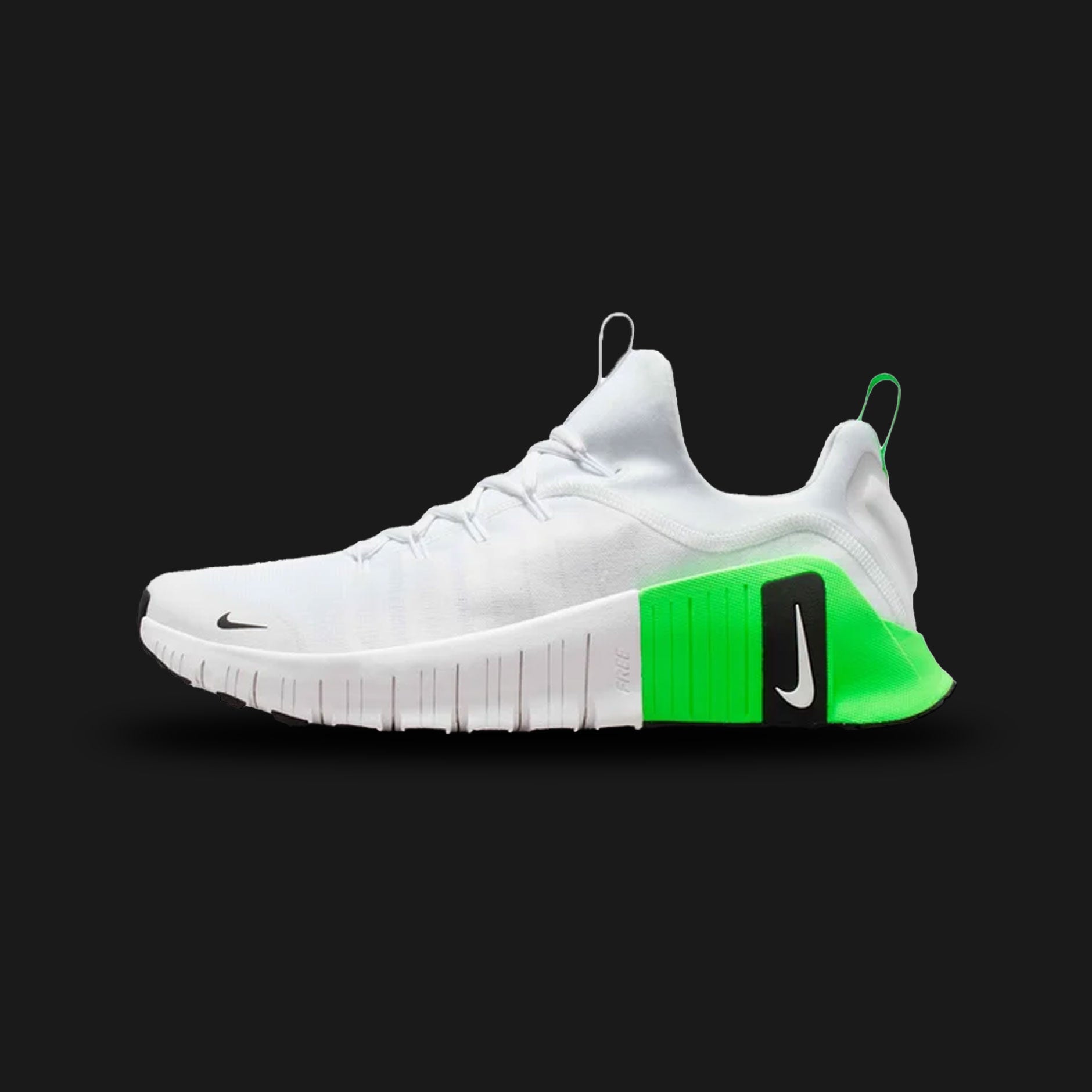 Nike Free Metcon 6 shoes in White, Green Strike, and Black (FJ7127-107). Features a breathable engineered mesh upper, integrated Flywire cable lockdown support, a laser-siped flexible foam midsole, and a stable heel base. Luxuntique guarantees 100% authentic footwear.