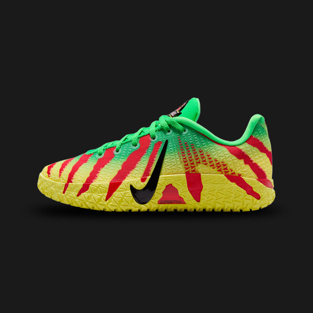 Nike Ja 3 'Explorer' basketball shoes in Green Spark, University Red, Dynamic Yellow, and Black (IV2627-300). Features a high-performance design inspired by Ja Morant's explosive playstyle, utilizing a breathable mesh upper with vibrant multi-colored overlays. Includes a responsive forefoot Air Zoom unit for court-ready agility, a secure lacing system for lockdown, and a multi-directional traction outsole for superior grip. Luxuntique guarantees 100% authentic Nike footwear in Sri Lanka.