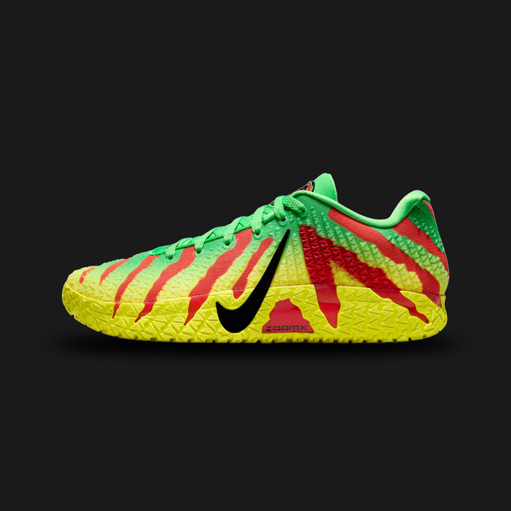 Nike Ja 3 Raptor basketball shoes in Green Spark, University Red, Dynamic Yellow, and Black (IU7240-300). Features a lightweight, breathable mesh upper with fierce raptor-claw inspired graphics. Includes dynamic midfoot lockdown, a highly responsive Zoom Air cushioning system for explosive jumping, and a high-traction Black rubber outsole. Luxuntique offers 100% authentic Nike in Sri Lanka.