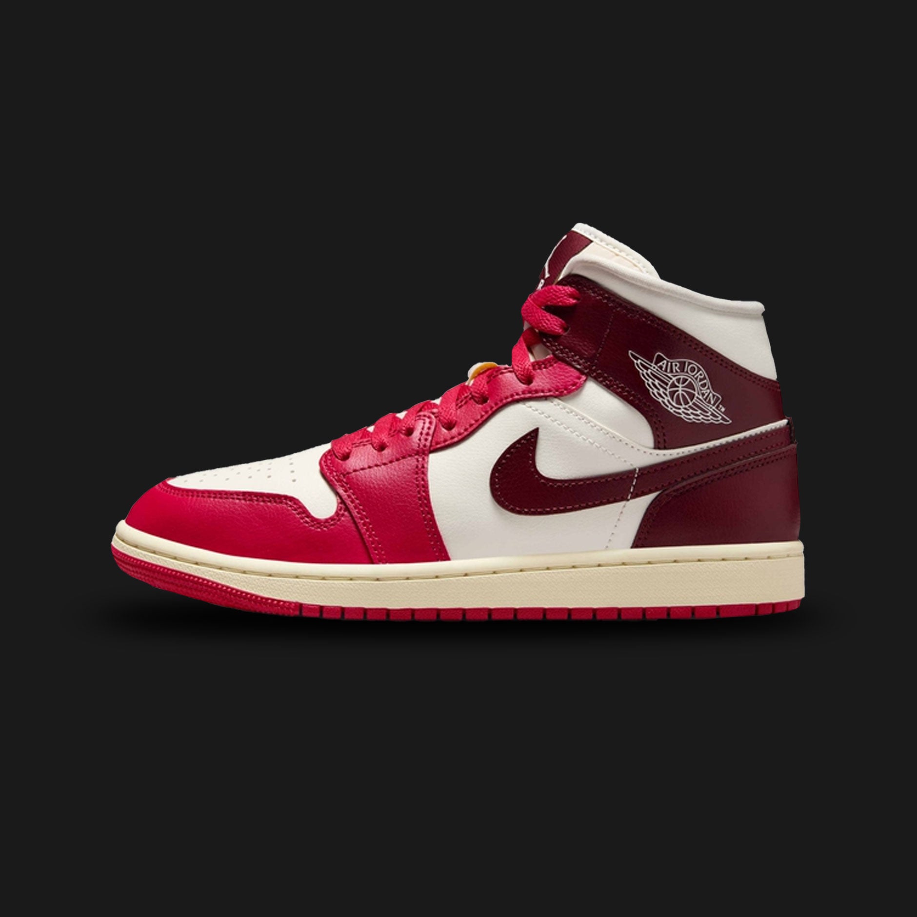 Nike Air Jordan 1 Mid women's shoes in Sail, Mystic Hibiscus, and Dark Team Red (BQ6472-119). Features a classic leather upper, perforated toe box, and encapsulated Air cushioning for iconic style. Luxuntique guarantees 100% authentic "Nike" performance footwear in Sri Lanka.