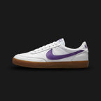 Nike Killshot 2 Leather shoes in White, Gum Medium Brown, and Wild Grape (Design Code: HM9431-101). Featuring a premium white leather upper with soft grey suede overlays on the toe and heel, contrasted by a striking Wild Grape purple Swoosh. Finished with a vintage-inspired gum rubber outsole for superior traction and classic tennis style. Luxuntique offers 100% authentic Nike lifestyle sneakers at the lowest price in Sri Lanka.