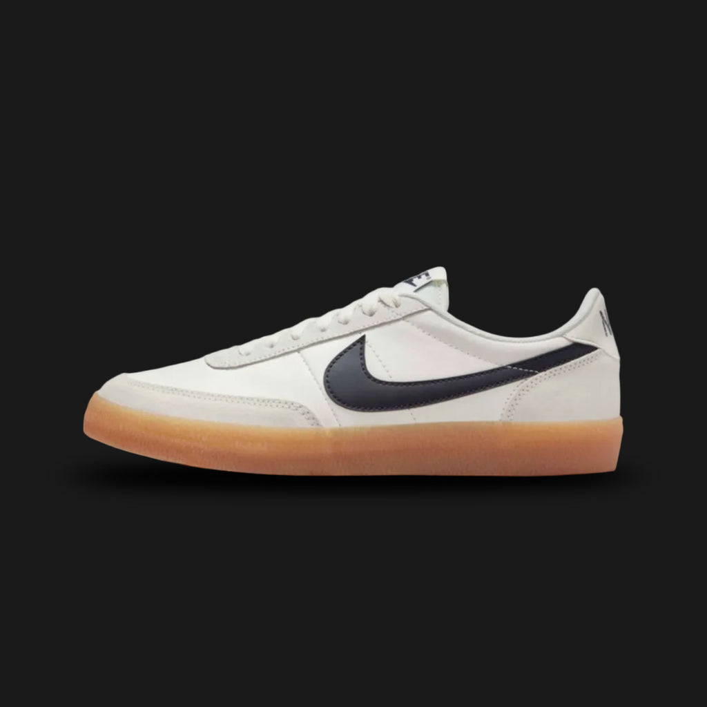 Nike Killshot 2 sneakers in Sail, Oil Grey, and Gum Yellow (FZ5630-100). Premium Sail leather upper with light grey suede overlays and a dark Oil Grey Nike Swoosh. Finished with a classic vintage Gum Yellow outsole. Luxuntique offers 100% authentic Nike footwear in Sri Lanka.