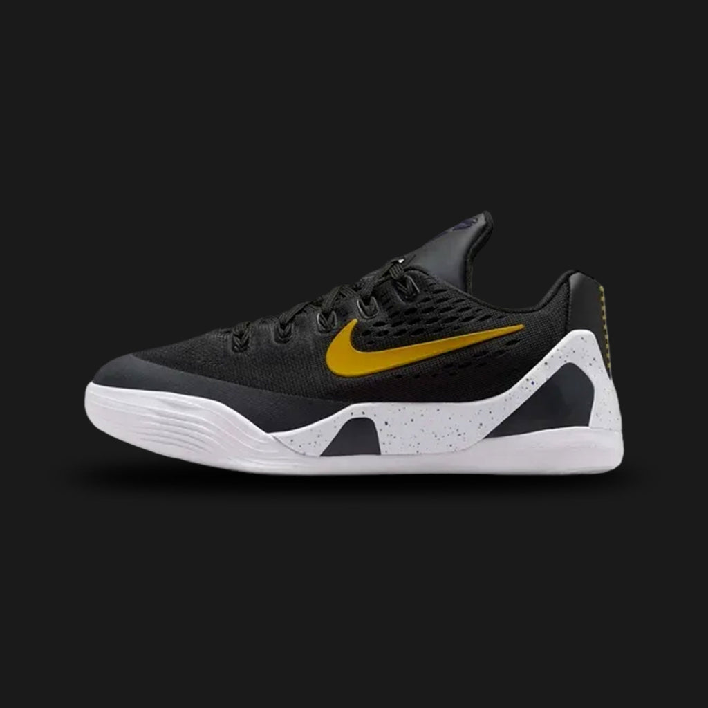 Nike Kobe IX (9) basketball shoe in Black, University Gold, and White (Design Code: NKFV3607-003). Featuring a high-traction outsole, Lunarlon cushioning, and an engineered mesh upper for elite performance. Luxuntique offers 100% authentic Kobe Bryant signature sneakers at the lowest price in Sri Lanka.