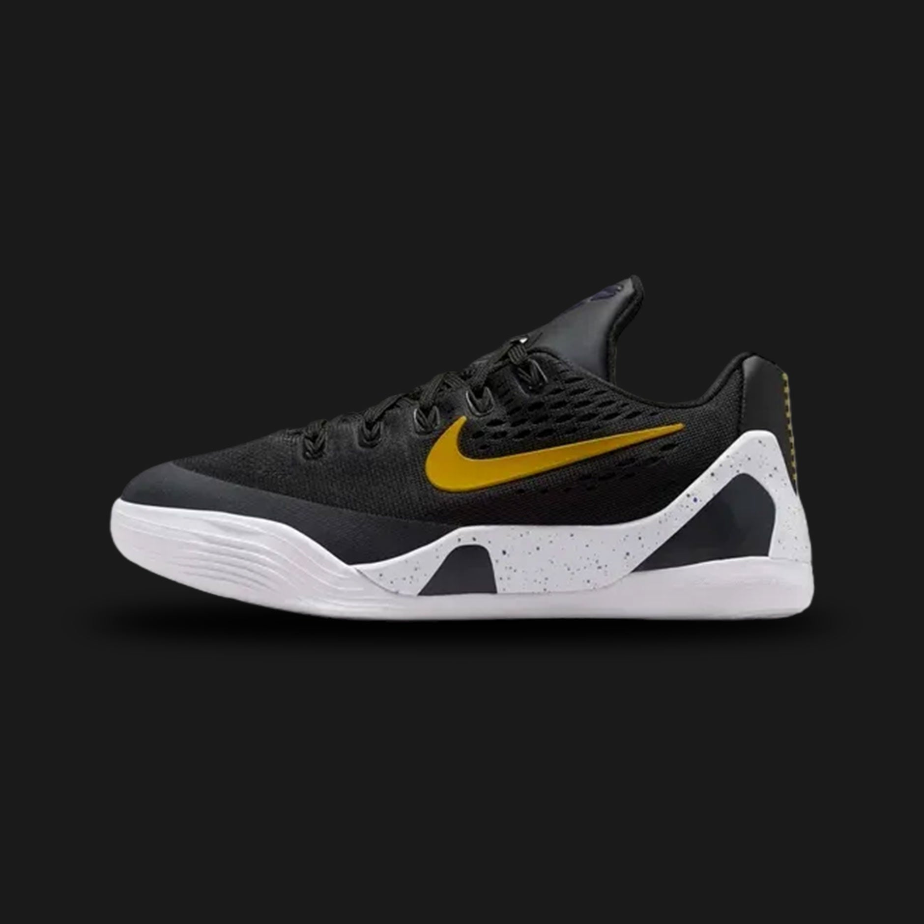 Nike Kobe IX (9) basketball shoe in Black, University Gold, and White (Design Code: NKFV3607-003). Featuring a high-traction outsole, Lunarlon cushioning, and an engineered mesh upper for elite performance. Luxuntique offers 100% authentic Kobe Bryant signature sneakers at the lowest price in Sri Lanka.