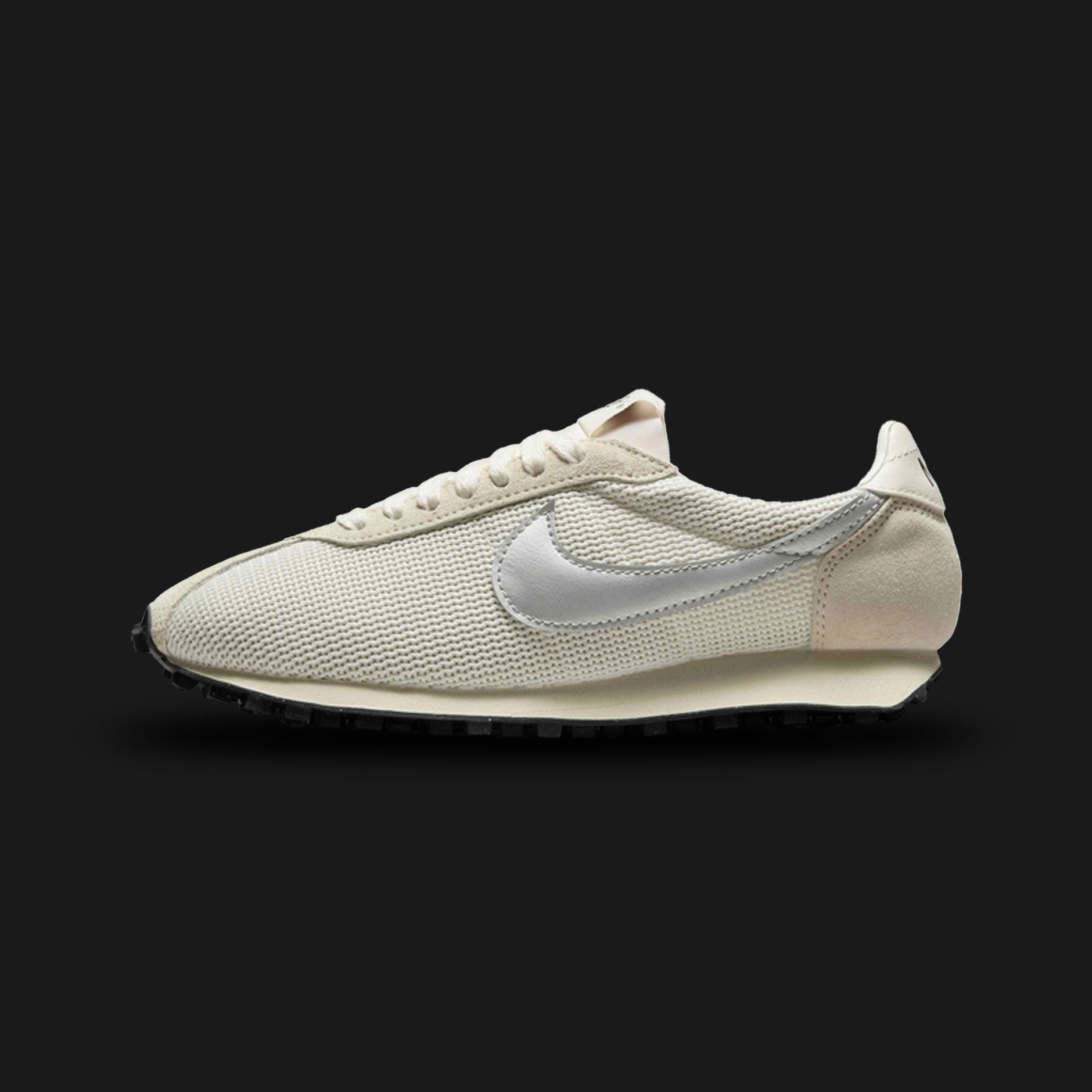 Nike LD-1000 vintage running shoes in Sail, Coconut Milk, Black, and Metallic Silver (IH4484-133). Features a classic 1970s silhouette with a breathable Sail mesh upper and creamy Coconut Milk suede overlays. Includes a striking Metallic Silver Swoosh, a retro flared foam midsole, and the iconic Black rubber Waffle outsole. Luxuntique offers 100% authentic Nike footwear in Sri Lanka.