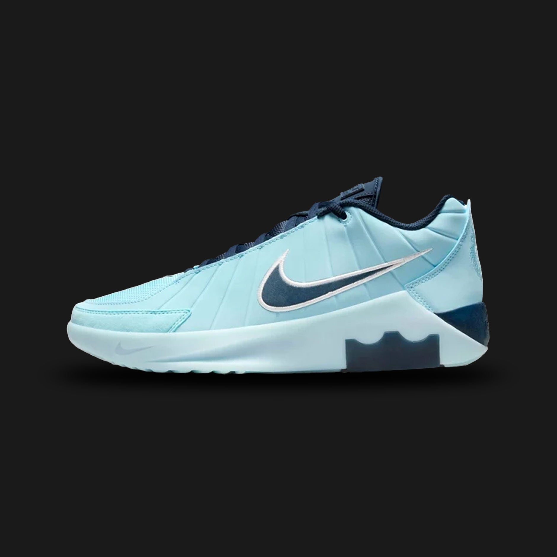 Nike LeBron Witness 9 shoes in Glacier Blue and Armoury Navy (HQ8034-401). Features a lightweight breathable mesh upper, supportive midfoot cable chassis, responsive visible Max Air cushioning, and a durable traction outsole. Luxuntique guarantees 100% authentic footwear.