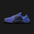 Nike Metcon 10 shoes in Persian Violet, Obsidian, and Light Lemon Twist (HJ1875-501). Features a breathable mesh upper, wide stable heel with Hyperlift plate, dual-density foam midsole, and extended rubber tread for grip. Luxuntique guarantees 100% authentic footwear.