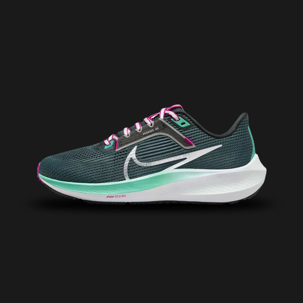 Nike Pegasus 40 women's road running shoes in Deep Jungle, Black, White, and Metallic Silver (Design Code: DV3854-301). Featuring a breathable engineered mesh upper, responsive Nike React foam cushioning, and dual Zoom Air units for a springy ride. Finished with a striking Metallic Silver Swoosh. Luxuntique offers 100% authentic Nike performance sneakers at the lowest price in Sri Lanka.