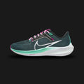 Nike Pegasus 40 women's road running shoes in Deep Jungle, Black, White, and Metallic Silver (Design Code: DV3854-301). Featuring a breathable engineered mesh upper, responsive Nike React foam cushioning, and dual Zoom Air units for a springy ride. Finished with a striking Metallic Silver Swoosh. Luxuntique offers 100% authentic Nike performance sneakers at the lowest price in Sri Lanka.