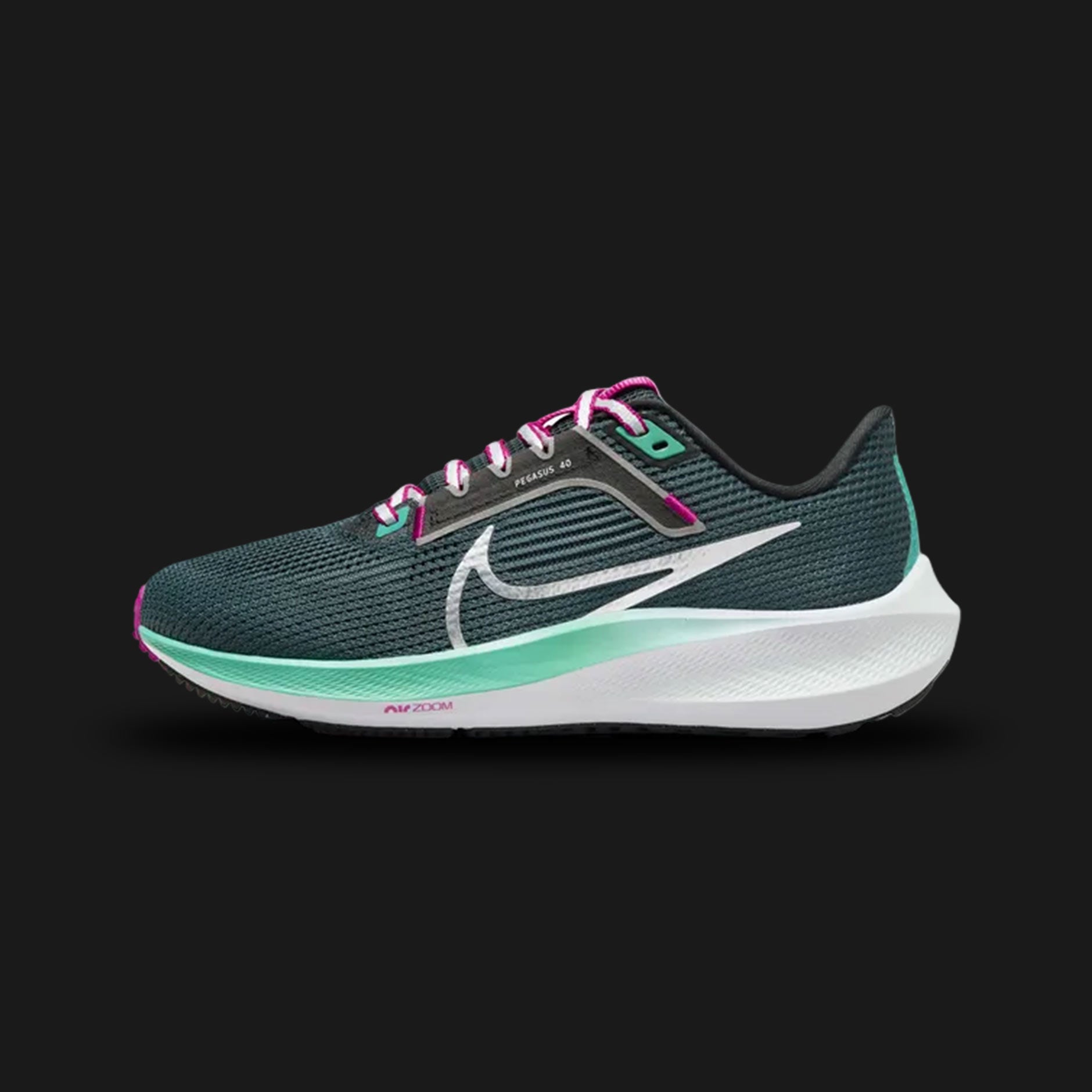 Nike Pegasus 40 women's road running shoes in Deep Jungle, Black, White, and Metallic Silver (Design Code: DV3854-301). Featuring a breathable engineered mesh upper, responsive Nike React foam cushioning, and dual Zoom Air units for a springy ride. Finished with a striking Metallic Silver Swoosh. Luxuntique offers 100% authentic Nike performance sneakers at the lowest price in Sri Lanka.