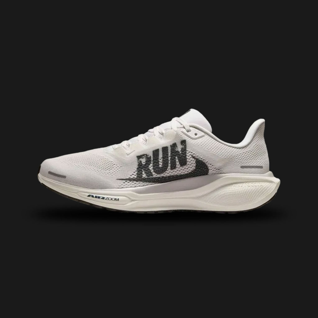 Nike Pegasus 41 men's road running shoes in Summit White, College Grey, and Sail (Design Code: NKIB5697-100). Featuring the new ReactX foam midsole for 13% more energy return, dual Zoom Air units in the heel and forefoot, and a breathable engineered mesh upper. Luxuntique offers 100% authentic Nike Pegasus 41 sneakers at the lowest price in Sri Lanka.