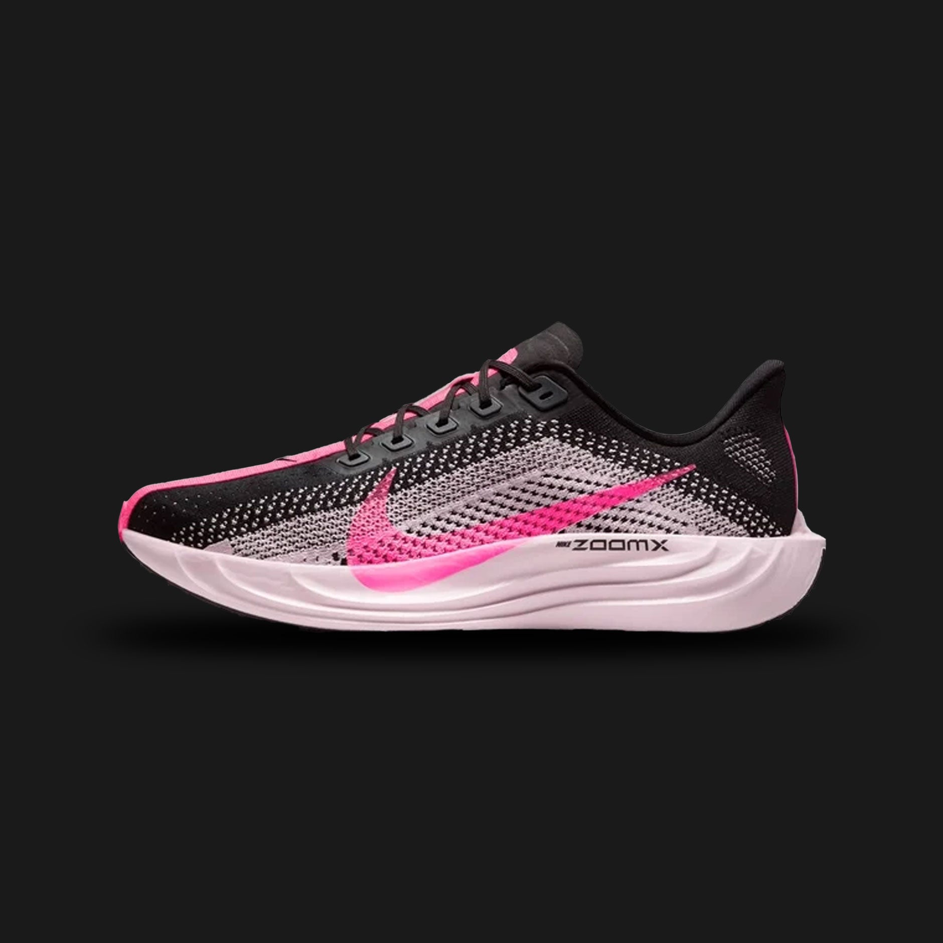 Nike Pegasus Plus running shoes in Black and Hyper Pink (FQ7262-009). Features a lightweight Flyknit upper with Pink Foam accents and a full-length ZoomX cushioned foam midsole for maximum energy return. Luxuntique guarantees 100% authentic "Nike" performance footwear in Sri Lanka.