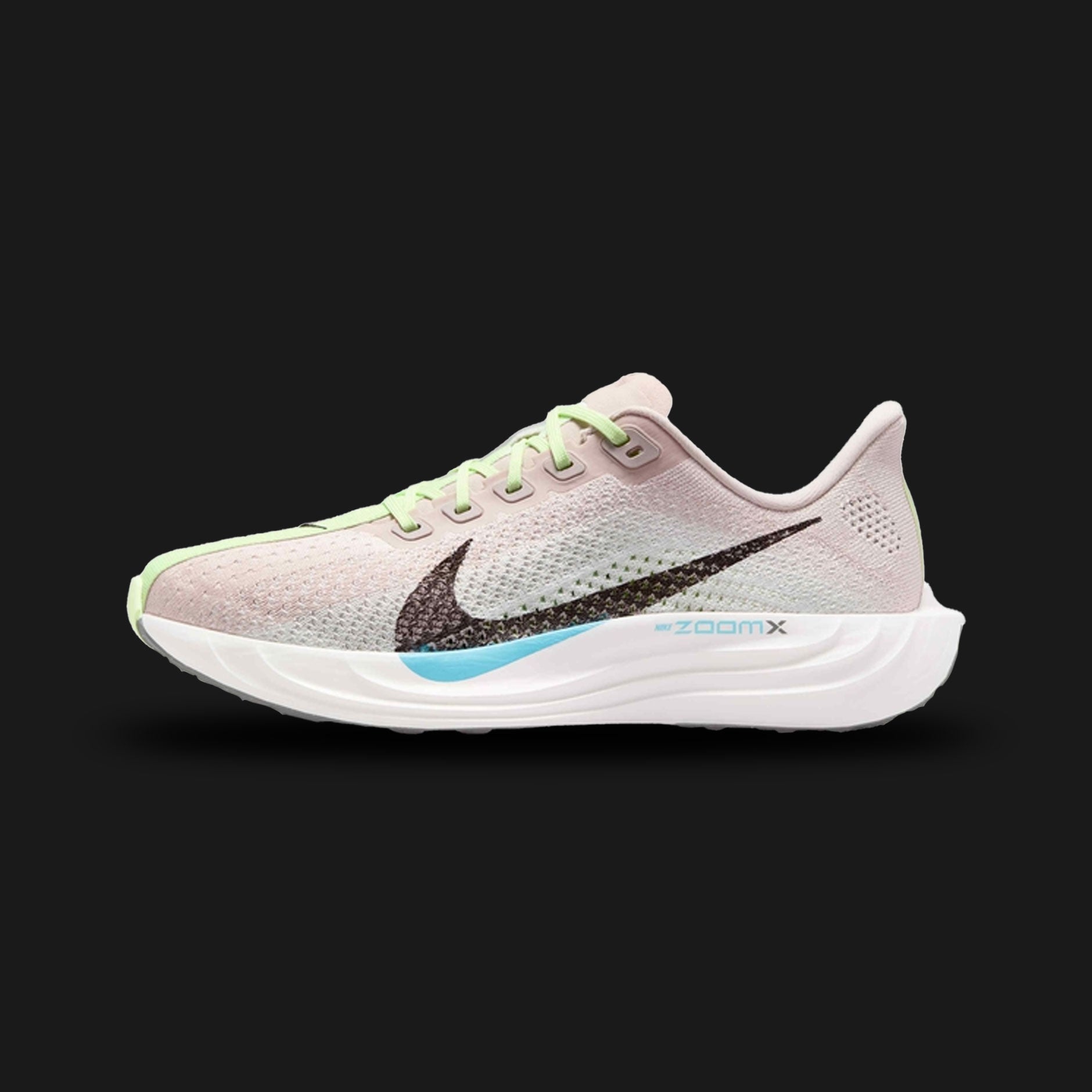 Nike Pegasus Plus shoes in Silt Red, Barely Volt, Platinum Tint, and Black (IH6352-602). Features a premium Flyknit mesh upper, full-length ZoomX foam cushioning midsole, central racing stripe accent, and high-traction rubber outsole. Luxuntique guarantees 100% authentic footwear.