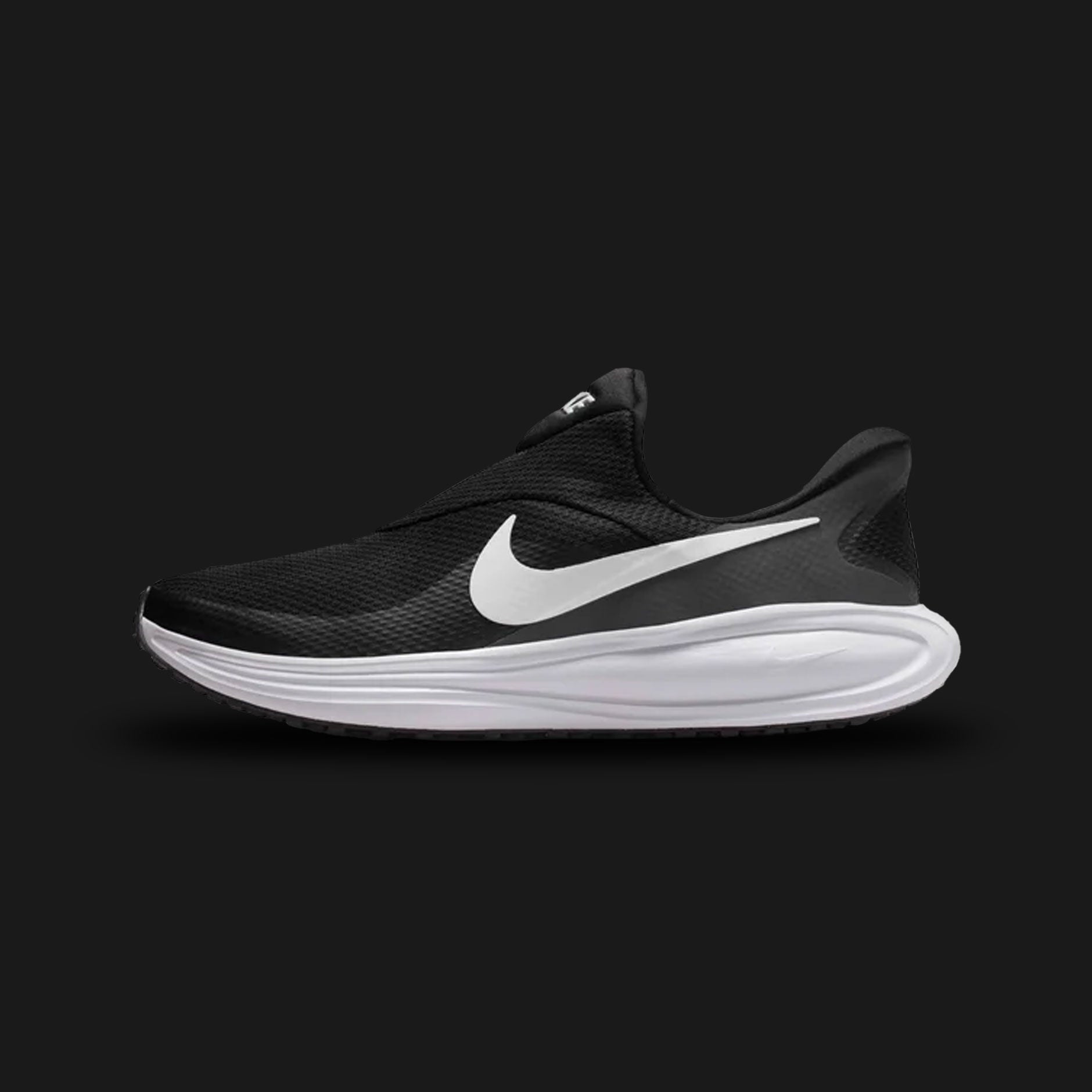 Nike Revolution 8 EasyOn unisex shoes in Black, Anthracite, Wolf Grey, and White (HQ2414-001). Features a lightweight, sustainable design with a breathable knit mesh upper and a wide collar. Equipped with an innovative hands-free EasyOn system with a collapsible heel for effortless entry, a plush foam midsole for soft cushioning, and a flexible rubber traction outsole. Luxuntique guarantees 100% authentic Nike performance footwear in Sri Lanka.
