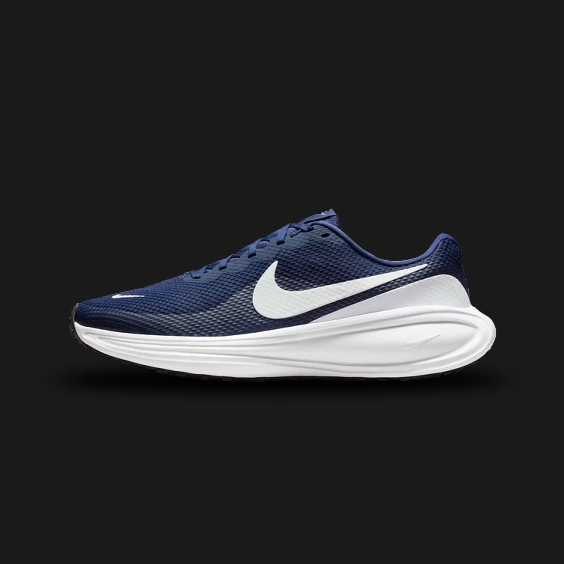Nike Revolution 8 running shoes in Midnight Navy, White, Black, and Pure Platinum (HJ9198-403). Features a highly breathable Midnight Navy mesh upper for lightweight comfort, contrasted by a crisp White Swoosh and Pure Platinum details. Includes a thick, responsive White foam midsole and a durable Black rubber outsole for everyday traction. Luxuntique offers 100% authentic Nike in Sri Lanka.