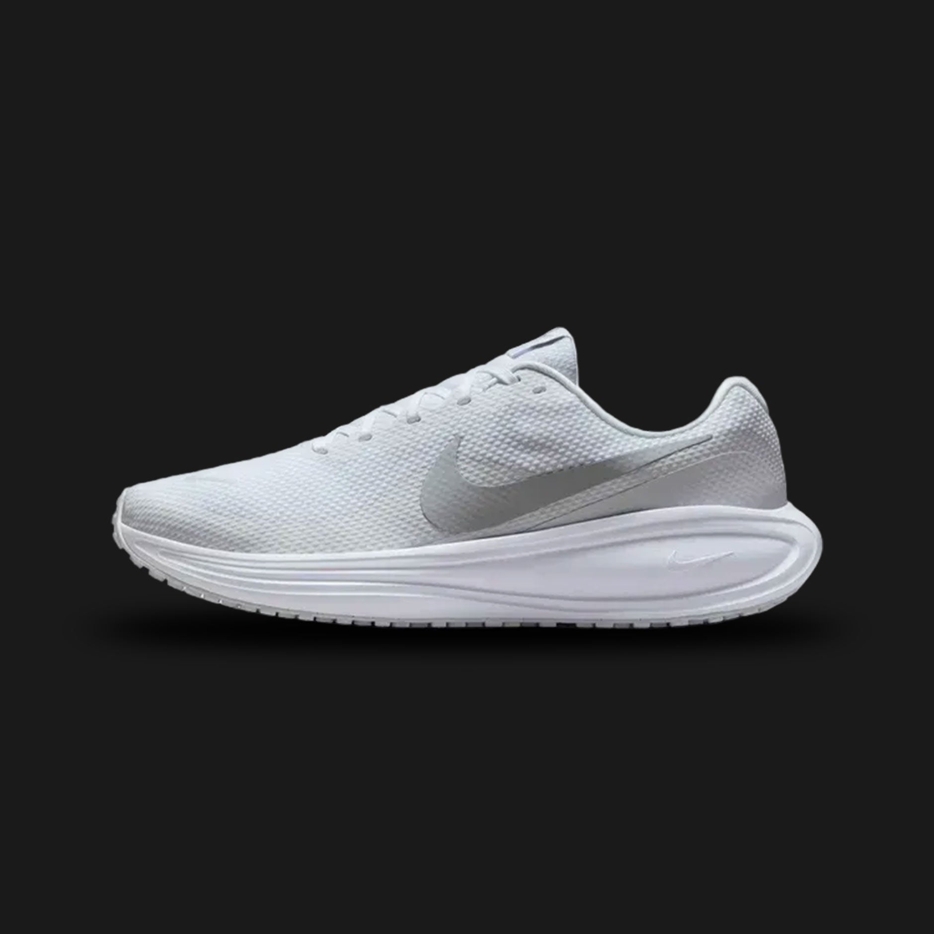 Nike Revolution 8 road running shoe in White and Pure Platinum (Design Code: NKHJ9198-100). Featuring an updated foam midsole for smoother transitions, a breathable knit upper, and a padded heel collar for extra comfort. Luxuntique offers 100% authentic Nike Revolution sneakers at the lowest price in Sri Lanka.