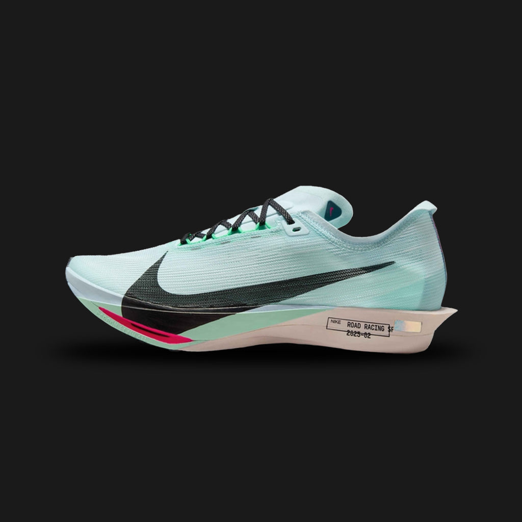 Nike Streakfly 2 shoes in Glacier Blue, Mint Foam, and Black (HF6416-400). Features an elite lightweight Atomknit upper, high-performance ZoomX cushioning foam midsole, an integrated midfoot Pebax plate, and a racing rubber outsole. Luxuntique guarantees 100% authentic footwear.
