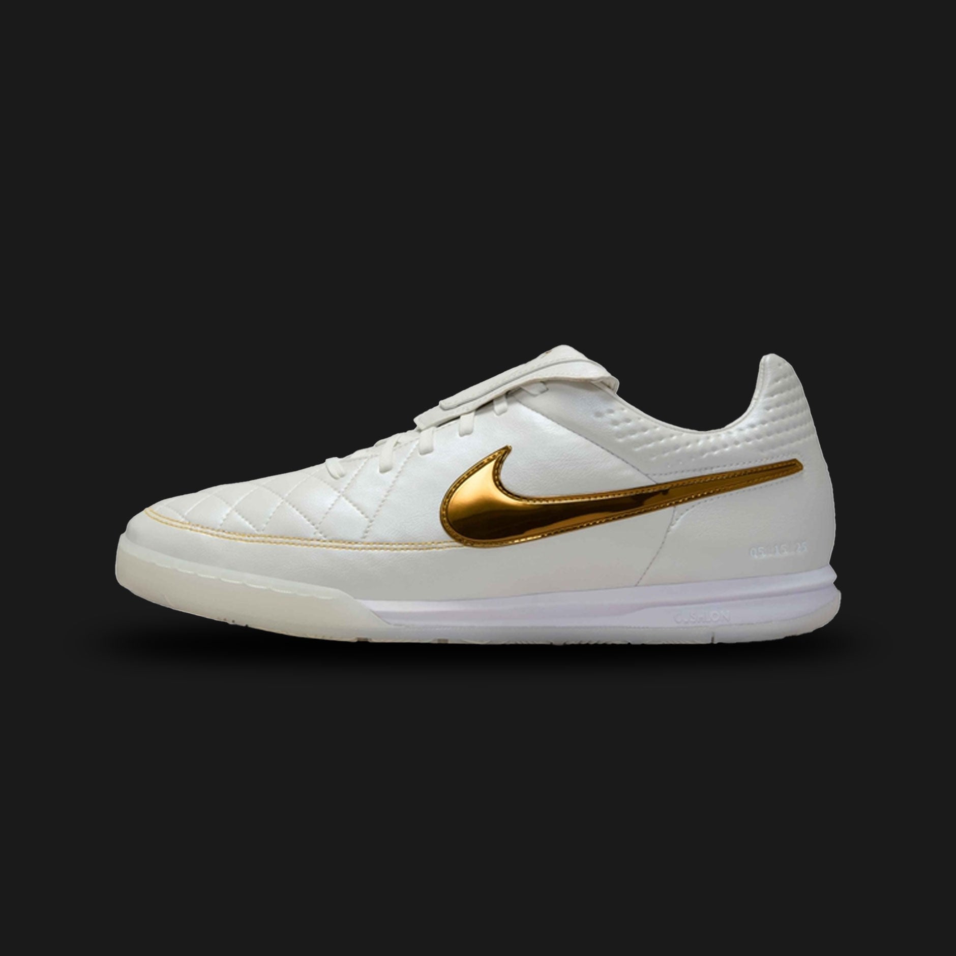Nike Tiempo Legend SE soccer cleats in Metallic Summit White and Gold Coin (IF4389-100). Features a premium FlyTouch Plus engineered leather upper with metallic accents and a durable traction plate. Luxuntique guarantees 100% authentic "Nike" performance footwear in Sri Lanka.