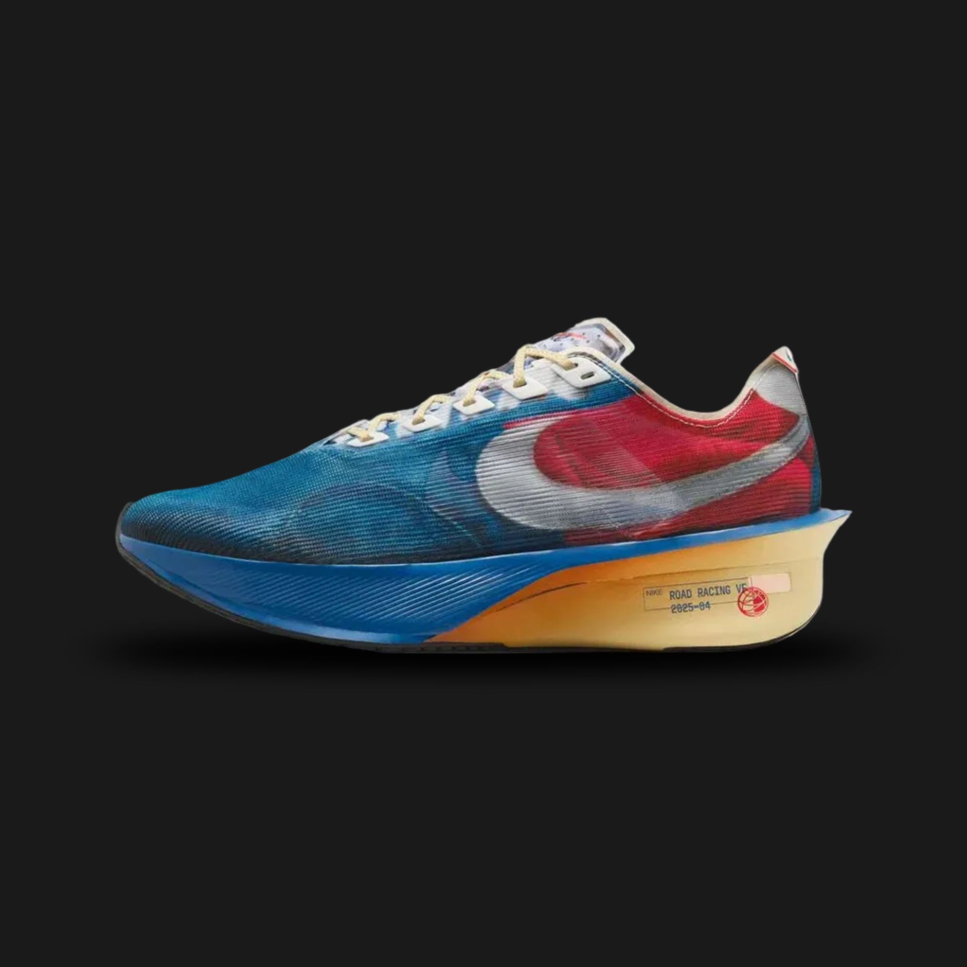 Nike Vaporfly 4 marathon racing shoe in Multi-Colour, Mountain Blue, and Fire Red (Design Code: NKIH3586-999). Features the original full-length carbon fiber Flyplate and ultra-lightweight ZoomX foam for 4% improved running economy. Luxuntique offers 100% authentic Nike Vaporfly racing shoes at the lowest price in Sri Lanka.