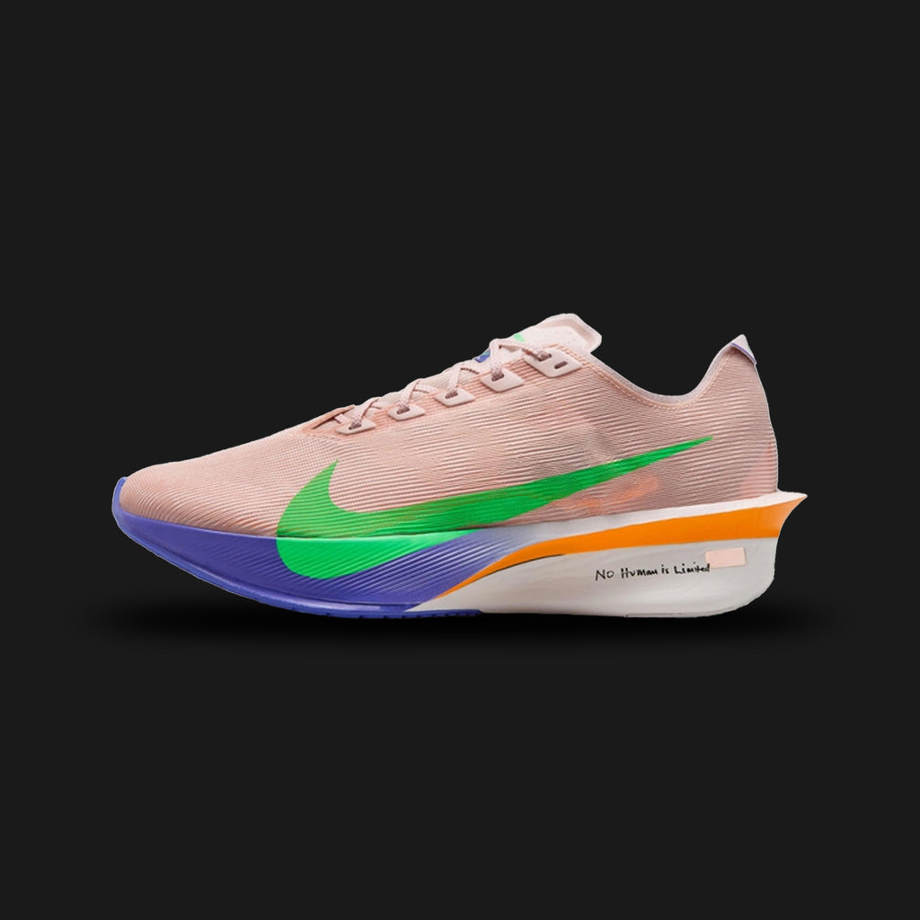 Nike Vaporfly 4 shoes in Silt Red, Fire Pink, Bright Ceramic, and Green Shock (IH0869-605). Features an elite engineered mesh upper, full-length carbon fiber plate, chunky ZoomX foam cushioning midsole, and racing outsole. Luxuntique guarantees 100% authentic footwear.