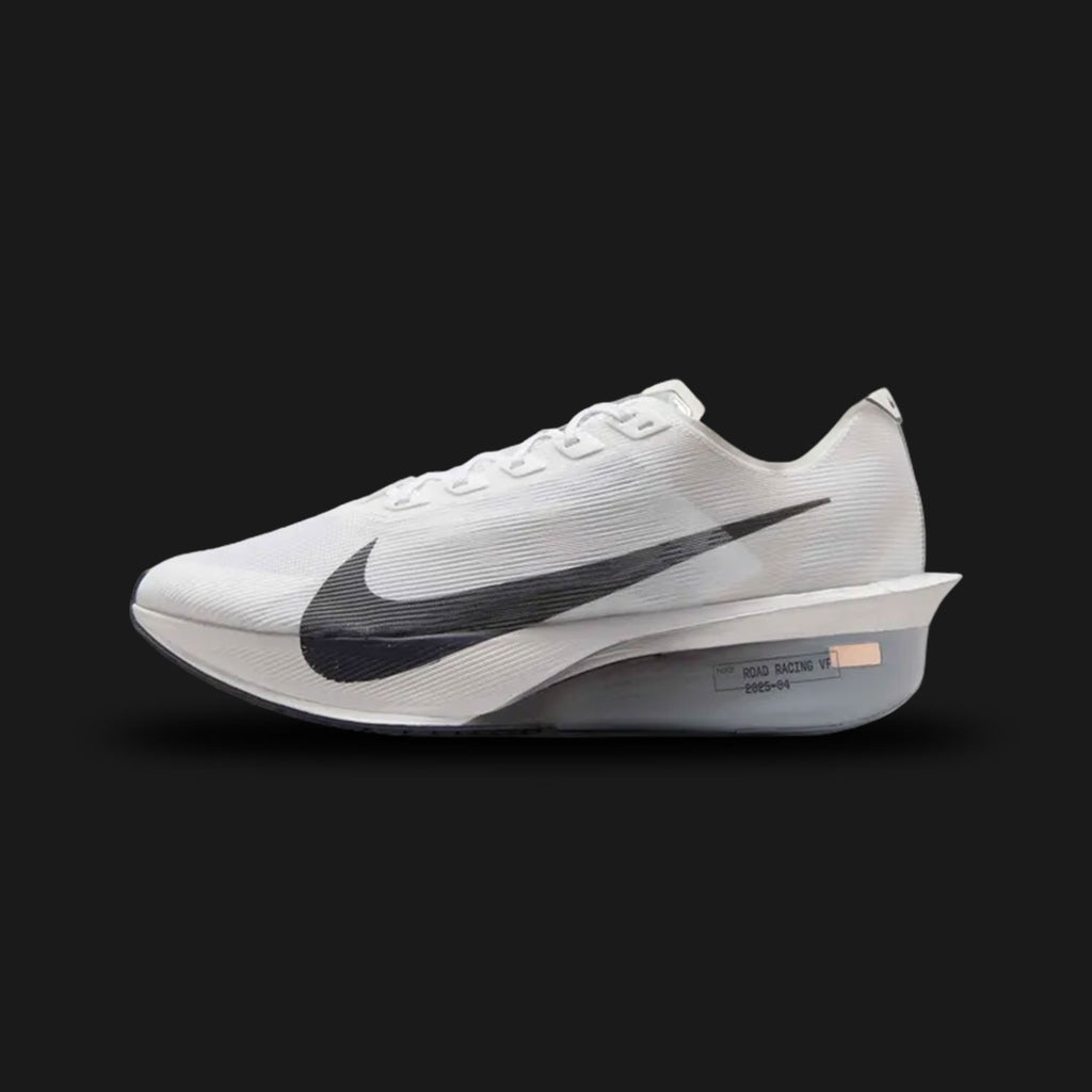 Nike Vaporfly 4 marathon racing shoe in White, Obsidian Mist, and Gridiron (Design Code: NKHF6414-100). Features a full-length carbon fiber Flyplate and ultra-responsive ZoomX foam for maximum propulsion and energy return. Luxuntique offers 100% authentic Nike Vaporfly racing shoes at the lowest price in Sri Lanka.