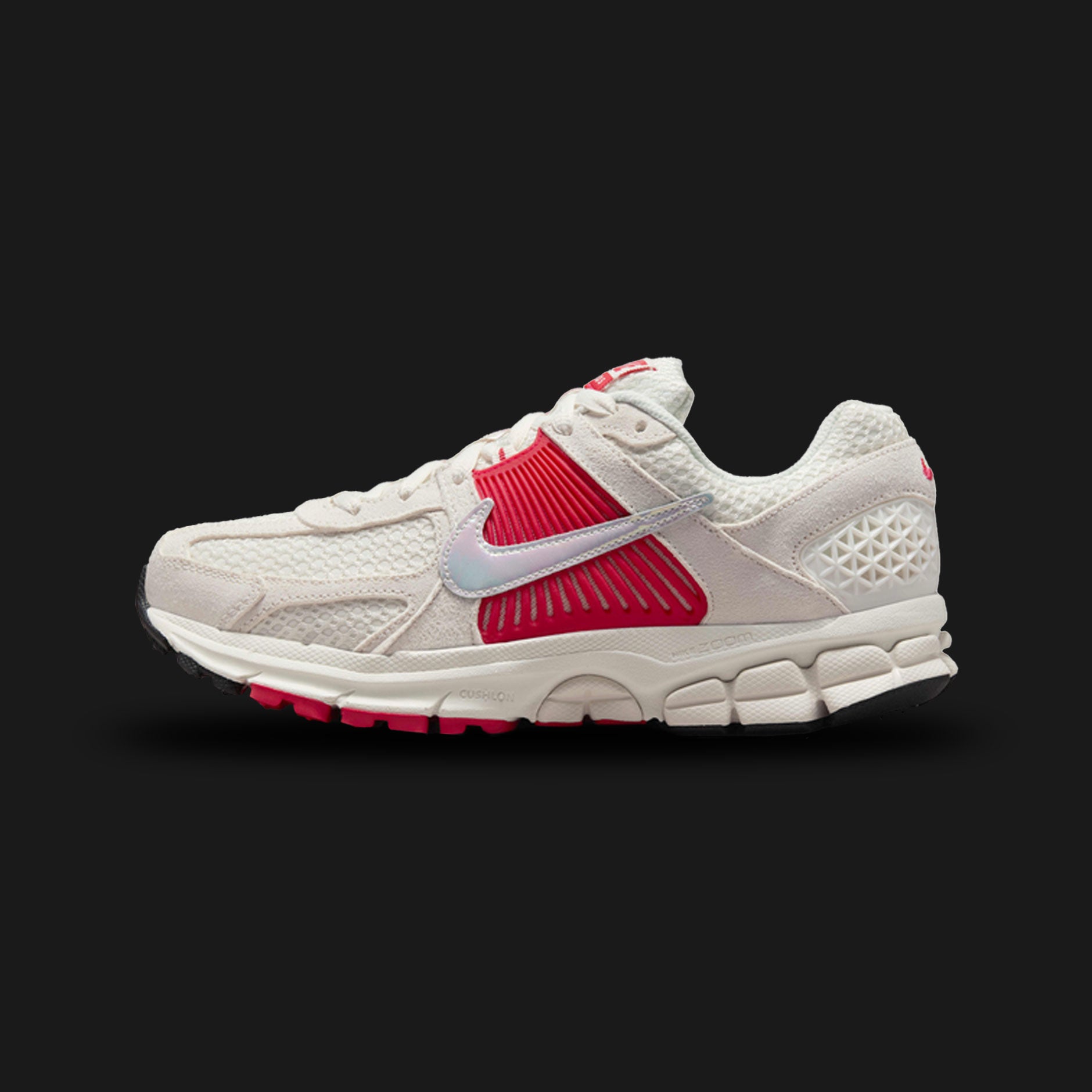 Nike Zoom Vomero 5 shoes in Sail, Siren Red, and Black (HF5072-133). Features a retro Y2K mesh upper with plastic caging and a dual-density Cushlon and Zoom Air cushioned midsole for everyday comfort. Luxuntique guarantees 100% authentic "Nike" performance footwear in Sri Lanka.